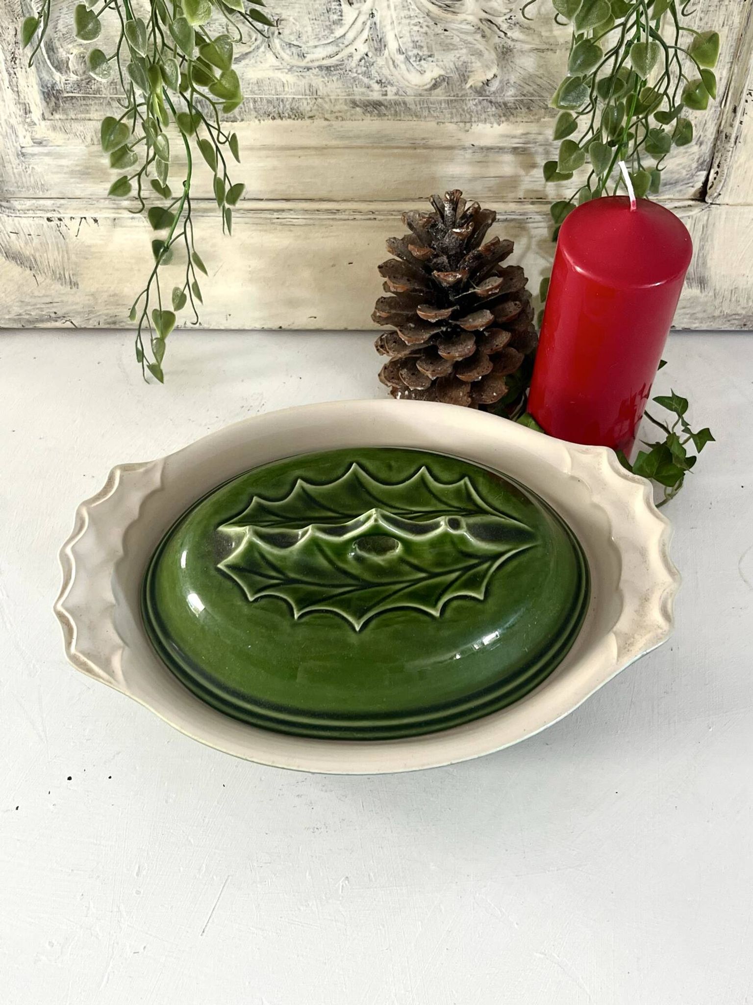 Christmas Terrine with Holly Lid, Green Ceramic Serving Dish, Vintage