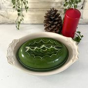 Christmas Terrine with Holly Lid, Green Ceramic Serving Dish, Vintage