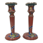 Antique pair of cloisonné enamel candlesticks from the 19th century.