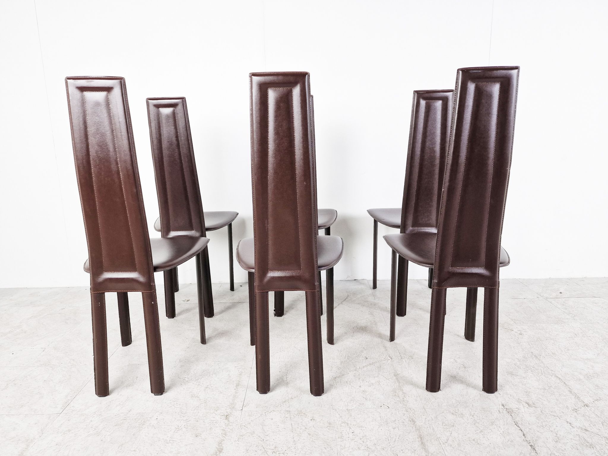 Vintage brown leather dining chairs, set of 6, 1980s