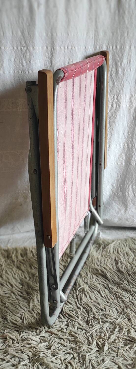 Vintage folding chair in metal and bayadère canvas - 1960s