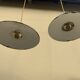 Vintage industrial enameled sheet metal pendant lights with golden wires, old green and white lampshade