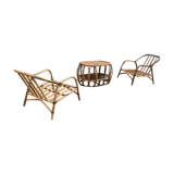 Paire de fauteuil en rotin et sa table ovale vintage