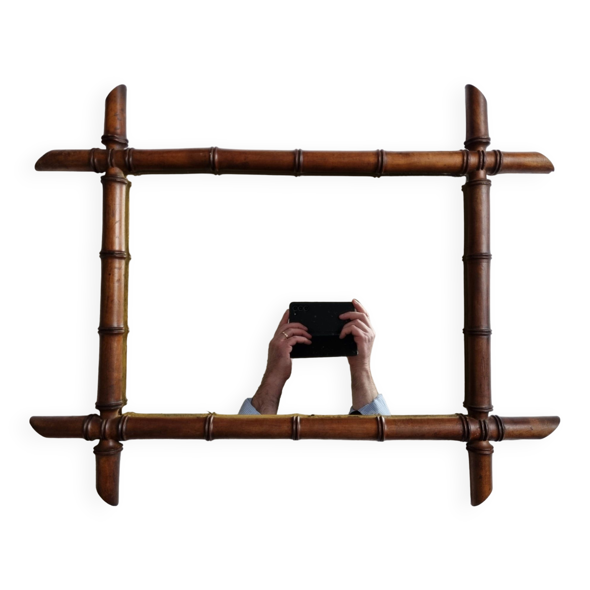 Turned wooden mirror in imitation of bamboo, mid-century, 50 cm x 60 cm