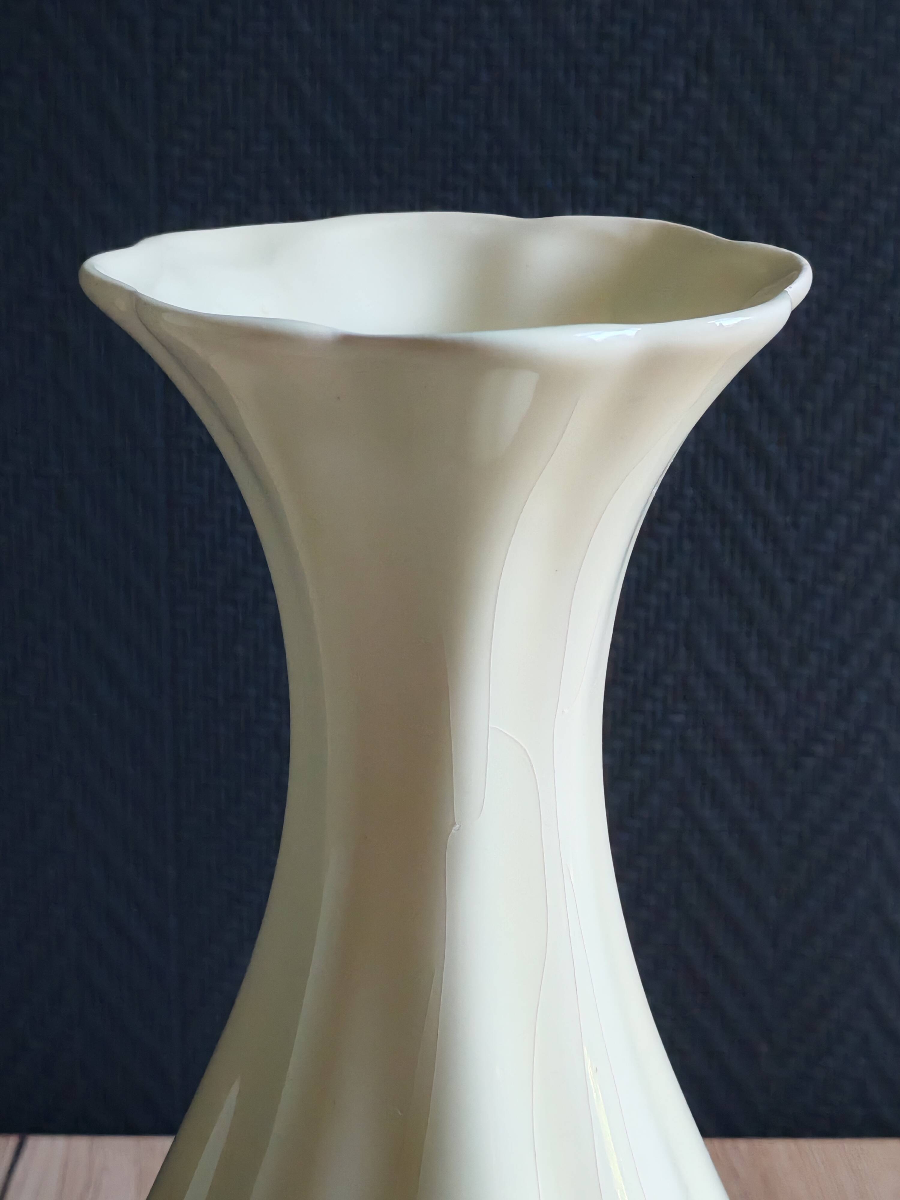 Vintage White Broken Ceramic Vase with Floral Pattern, Ribbed Vase