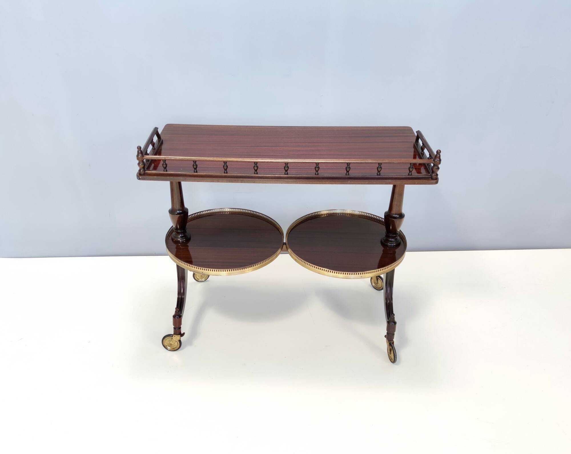 Walnut Serving Cart or Console Table with Two Sliding Shelves, Italy