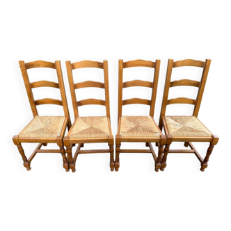 4 solid wood straw-seated chairs, oak, 20th century, 105cm