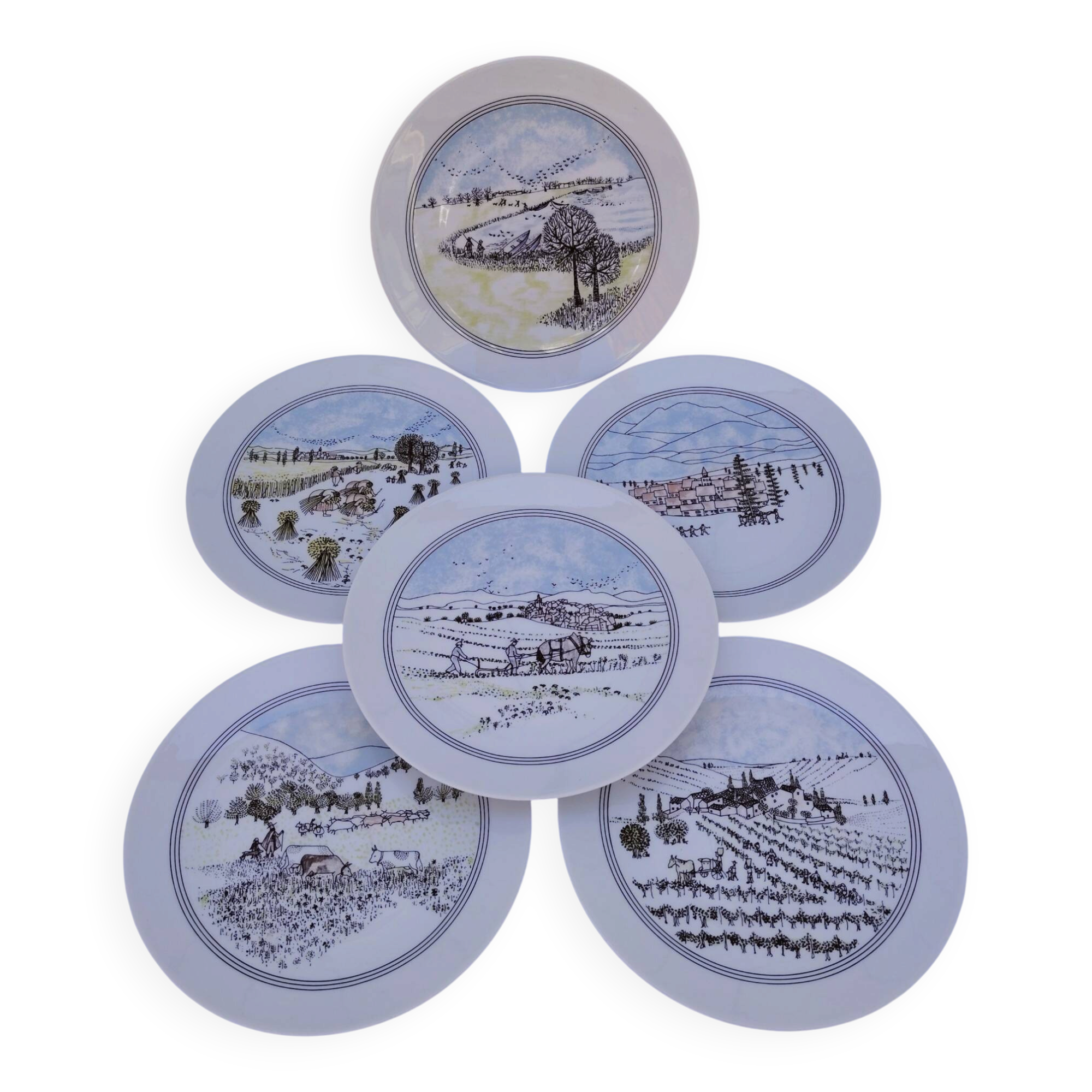 Dessert plates, Auteuil porcelain, naive, Danielle Dillemann