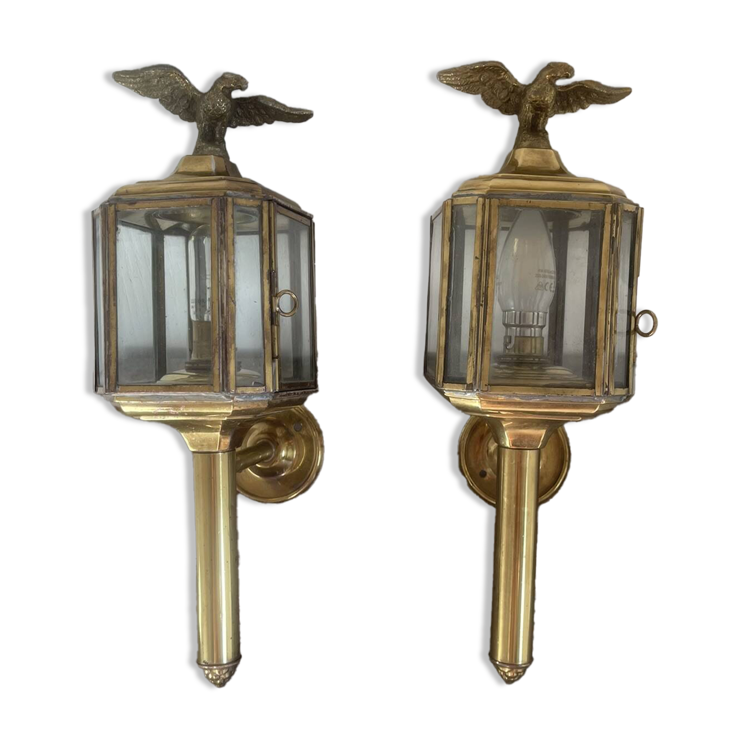 Old Pair of Gilded Brass Wall Lights in Carriage Lantern Eagle Empire Style