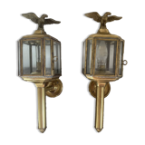 Old Pair of Gilded Brass Wall Lights in Carriage Lantern Eagle Empire Style