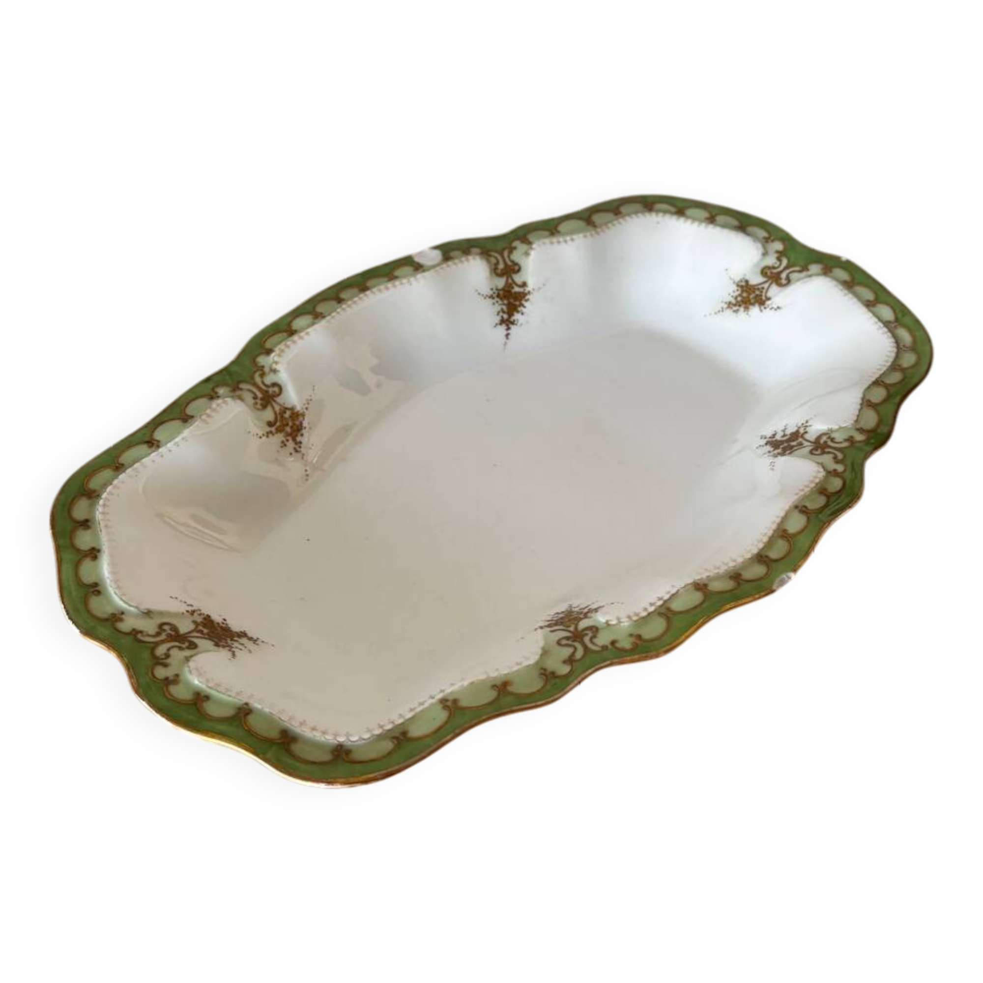 Vintage serving dish with green and gilt defects, Limoges porcelain