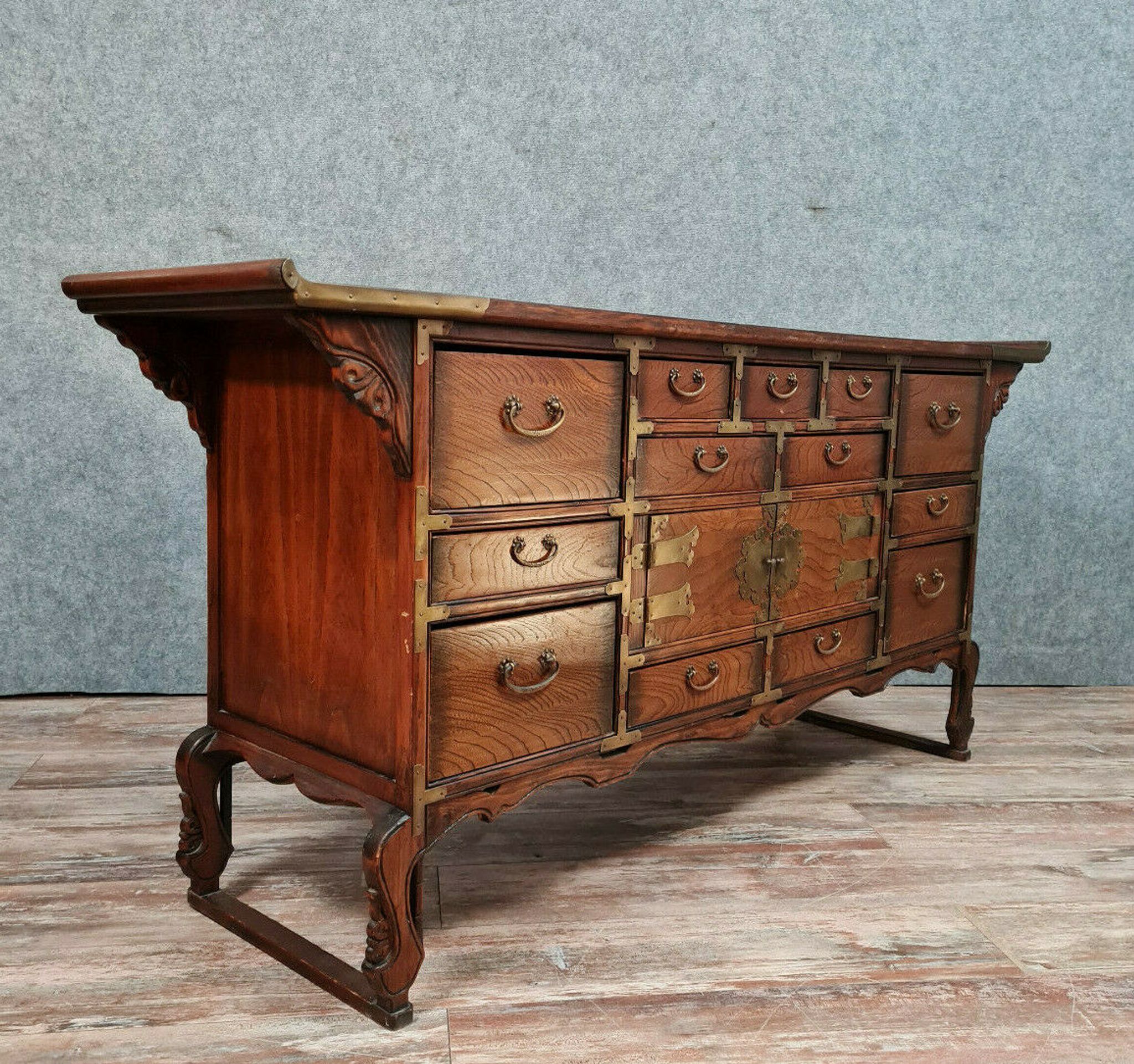 Asian pagoda buffet in exotic wood and gilded bronze circa 1920-1940