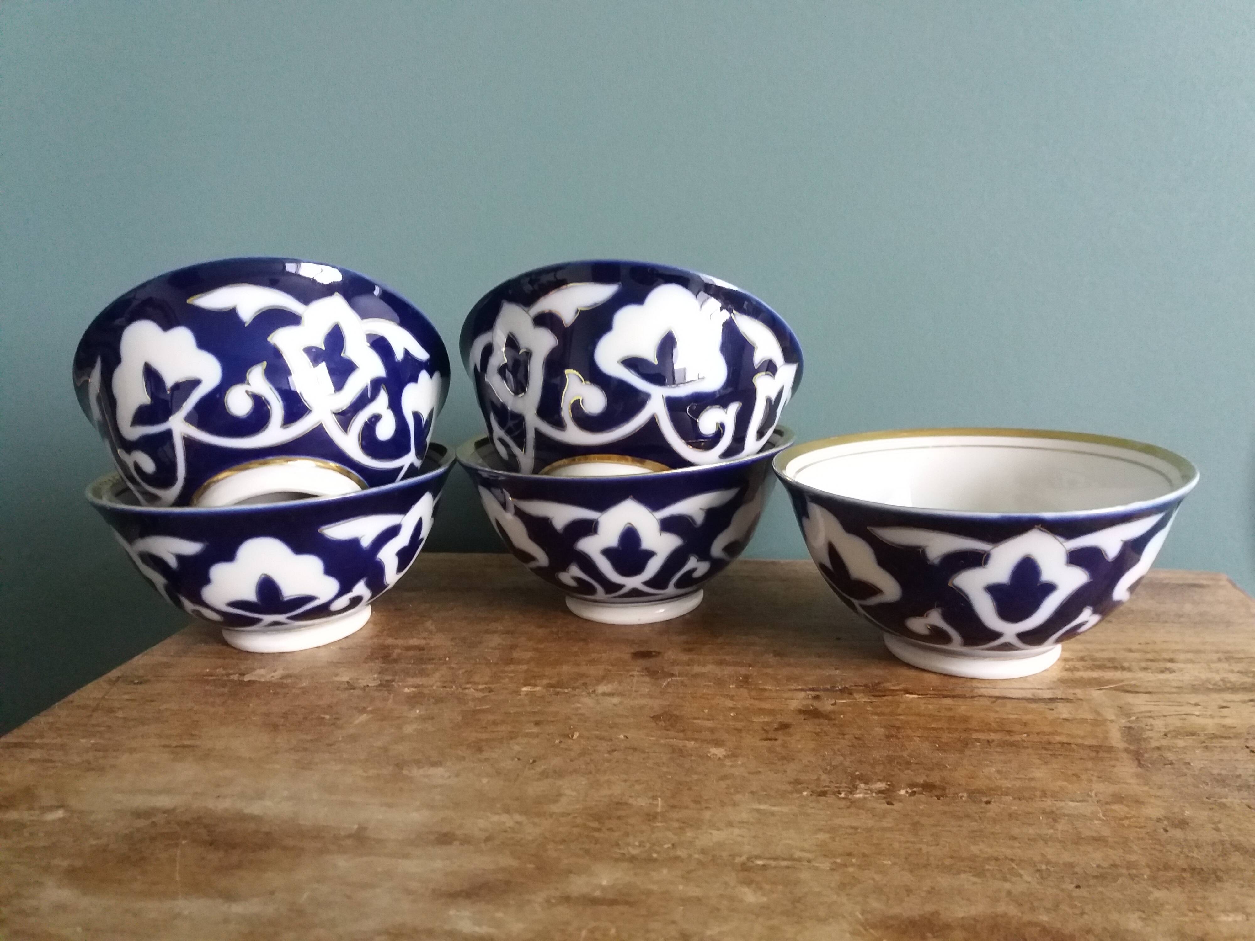 5 Uzbekistan porcelain tea bowls or cups, cobalt and gold decor