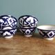 5 Uzbekistan porcelain tea bowls or cups, cobalt and gold decor