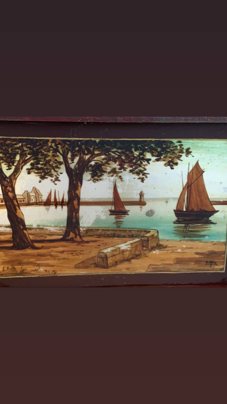 Marine painting, fixed on glass, signed P. Alix, art deco, old