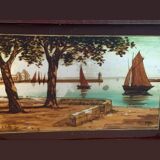 Marine painting, fixed on glass, signed P. Alix, art deco, old