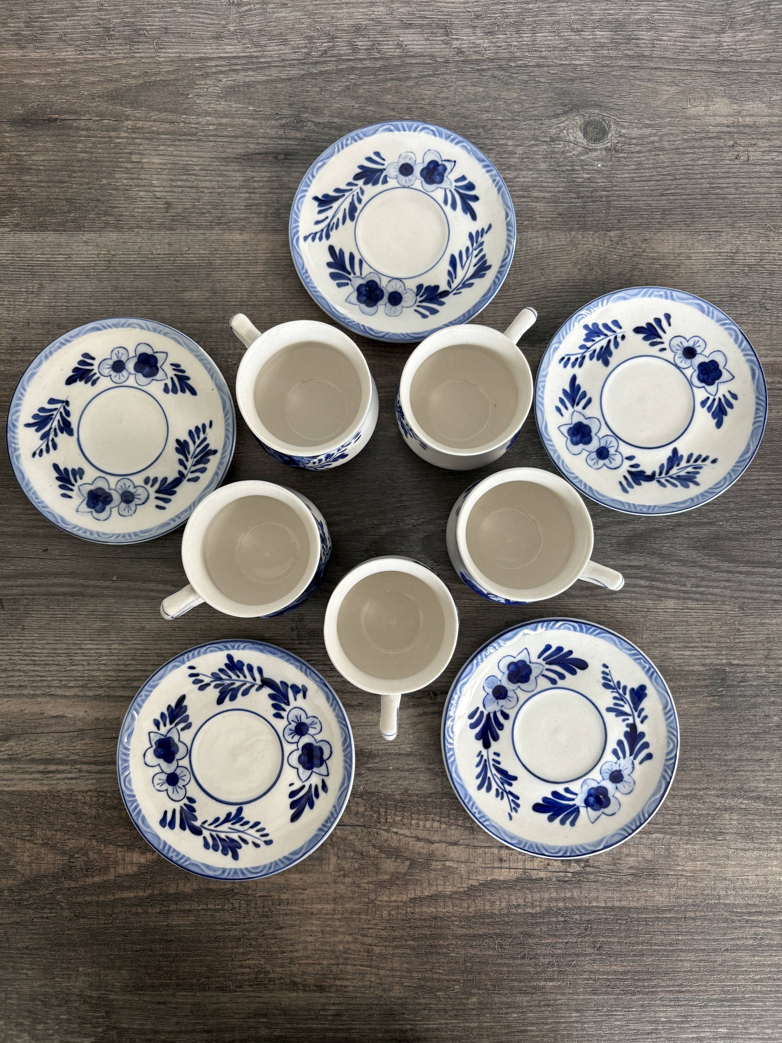 Vintage Dutch Delft Blue earthenware service for 5 cups and saucers.