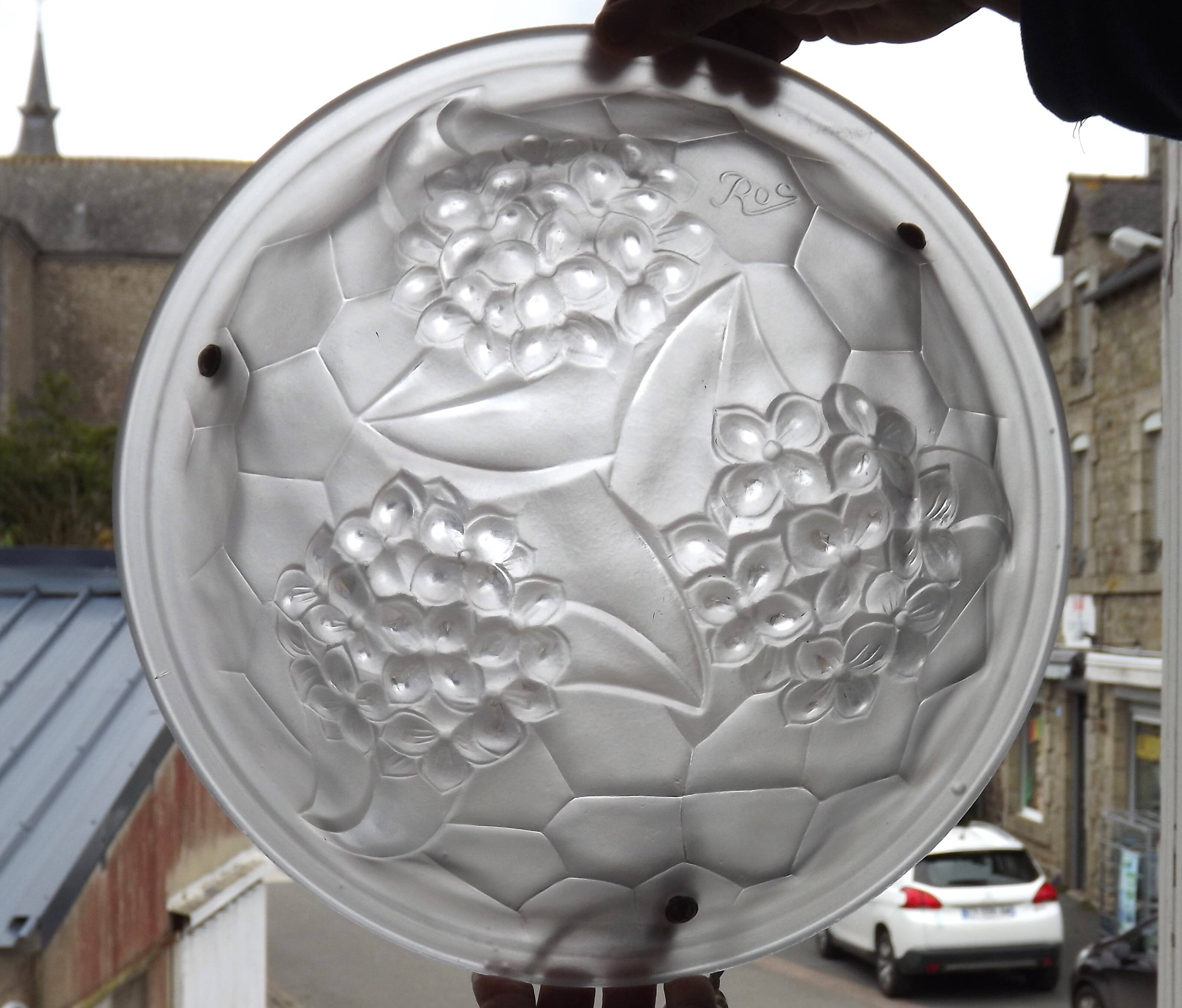 French Art Deco Ceiling Light ROS Degue Frosted Molded Glass Plafonnier