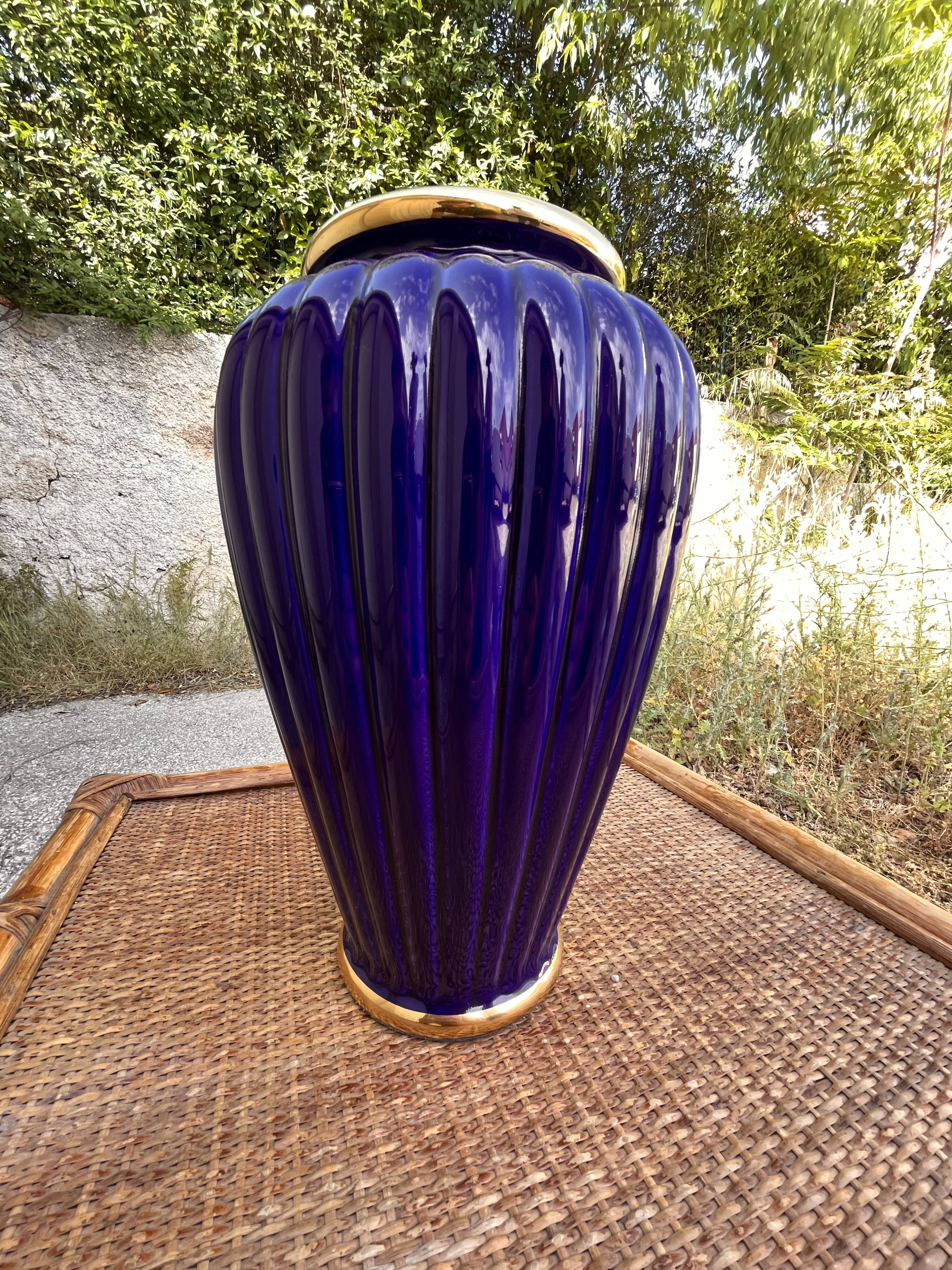 Large Glazed Ceramic Vase in Cobalt Blue with a Gold Trim and a Felt Base