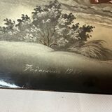 Peinture sur bois laqué Russie, Fedoskino, décor troïka datée 1987