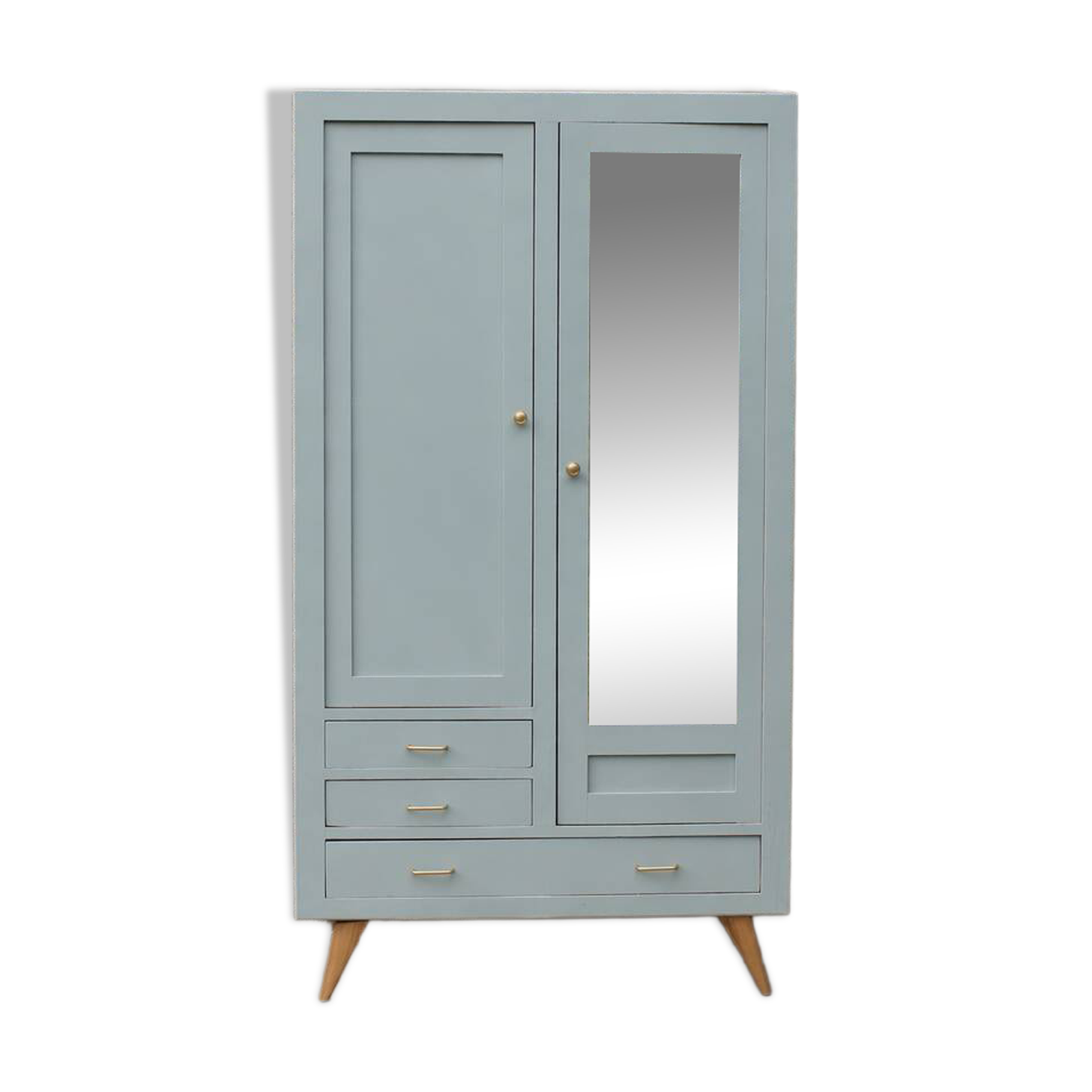 Vintage Parisian wardrobe in sage green – Mirror, hanging space and drawers
