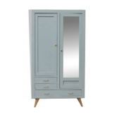 Vintage Parisian wardrobe in sage green – Mirror, hanging space and drawers