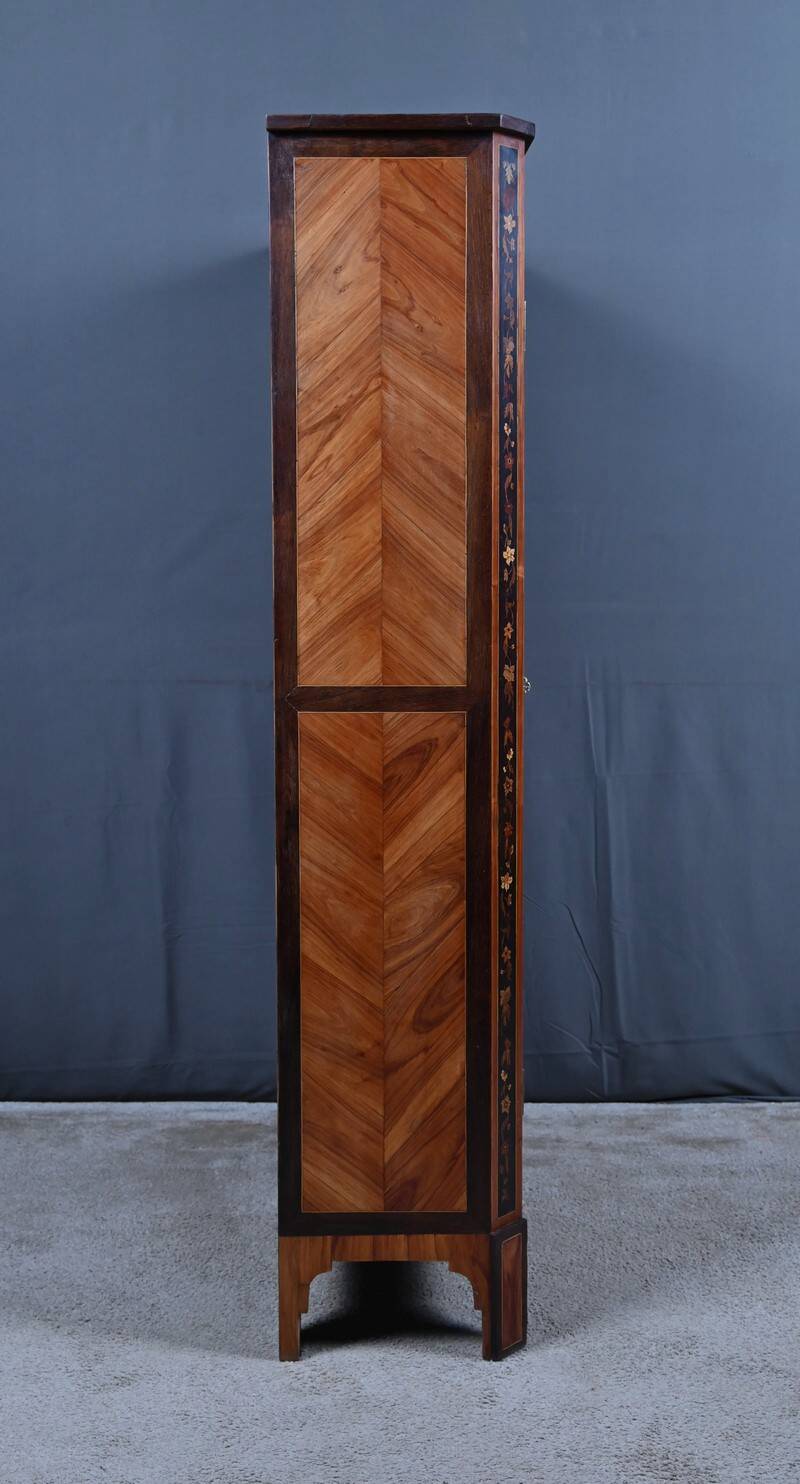 Showcase in precious wood marquetry, Louis XV Transition style.