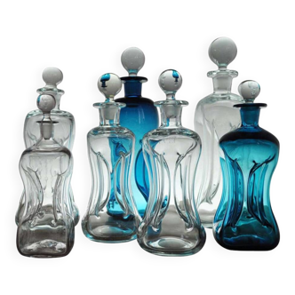 Holmegaard "Klukflasker", Set of 7 Mouth Blown Cluck Bottles or Decanters