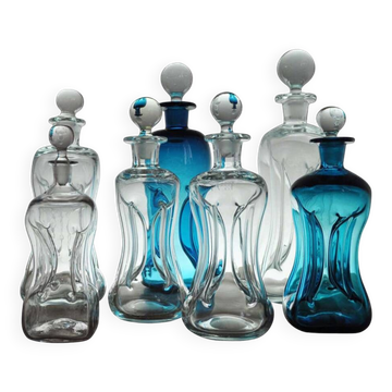 Holmegaard « Klukflasker », ensemble de 7 bouteilles ou carafes soufflées à la bouche