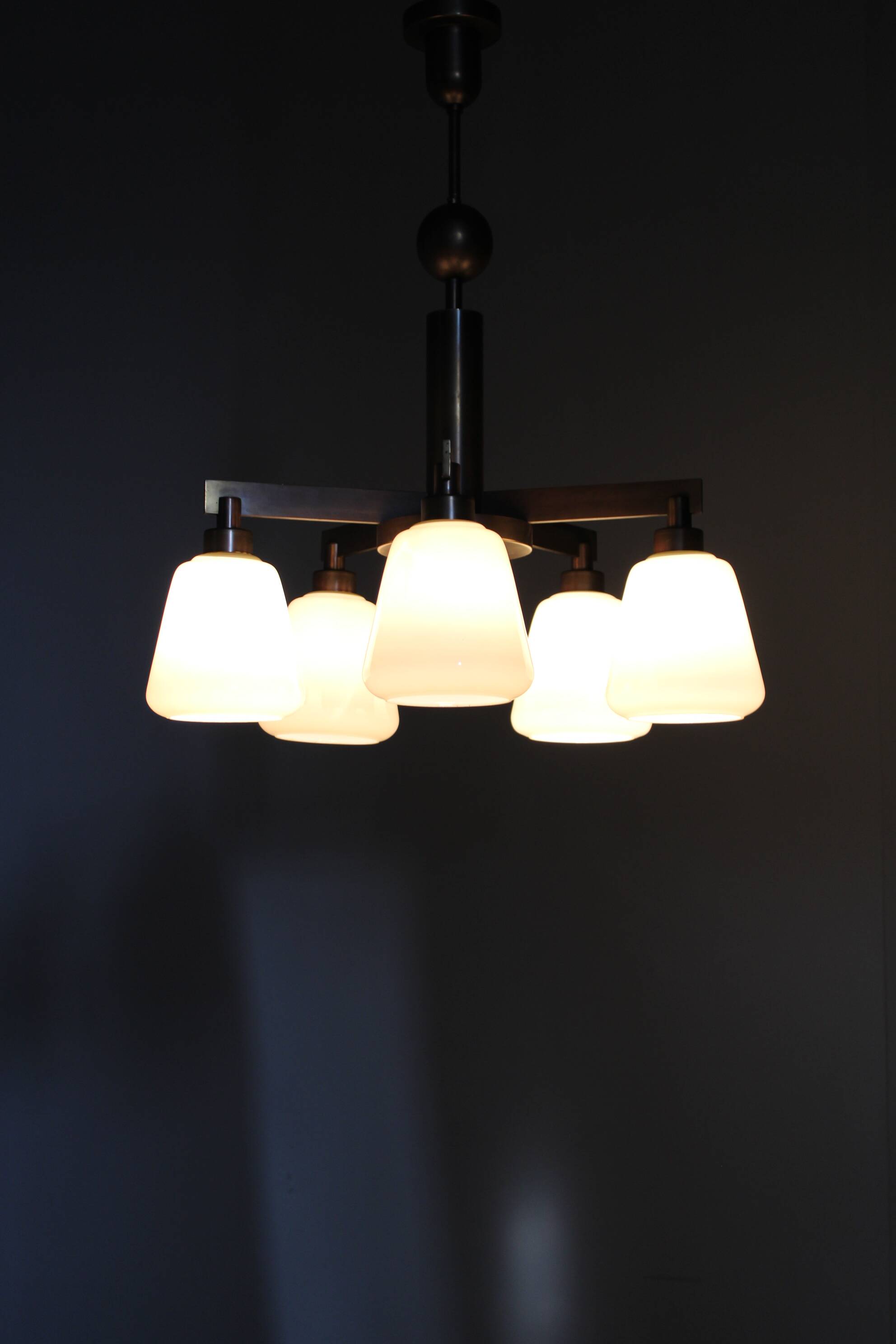 1930s Art Deco Brass Chandelier, Czechoslovakia