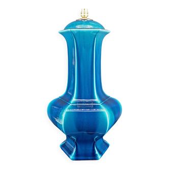 Importante Lampe en Porcelaine à Email Craquelé Bleu, France, Circa 1940