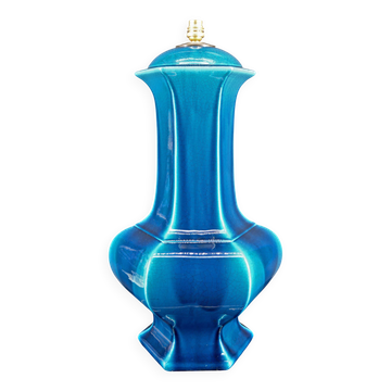 Importante Lampe en Porcelaine à Email Craquelé Bleu, France, Circa 1940