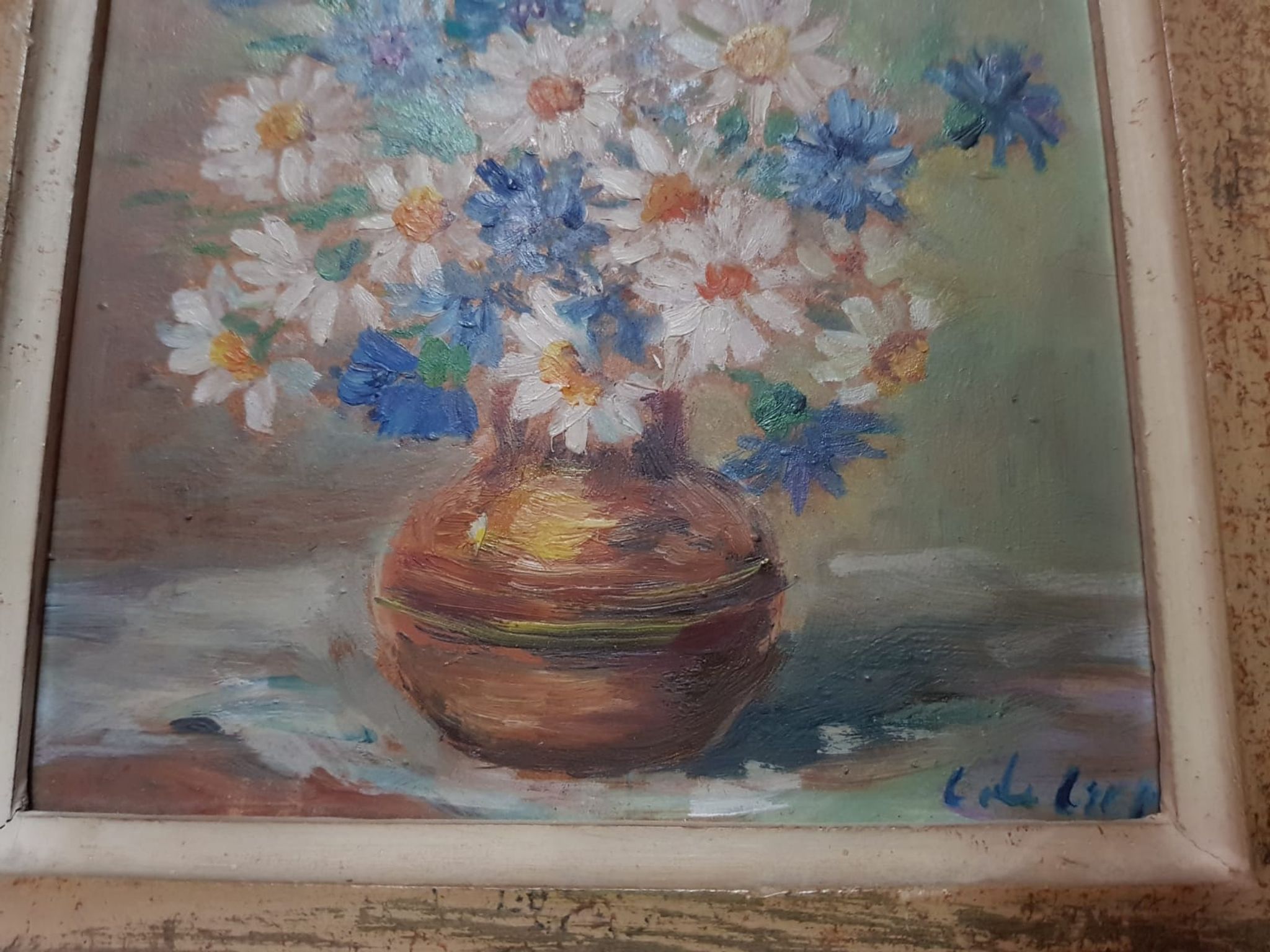 Pair old table c. de fred flower bouquet oil on vintage panel