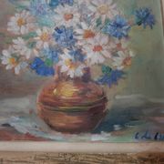 Pair old table c. de fred flower bouquet oil on vintage panel