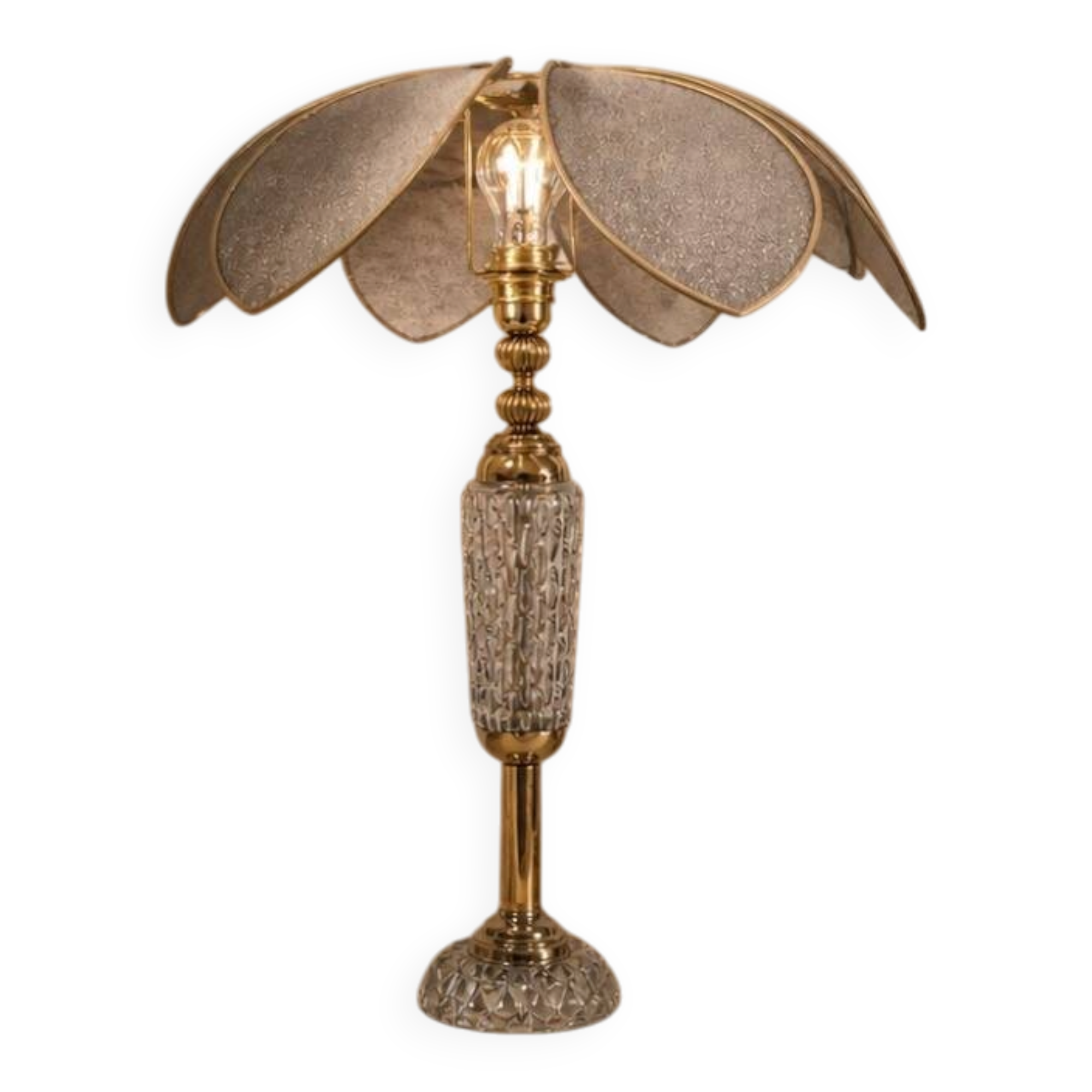 Lotus flower lamp in antique glass and gold metal, unique piece.