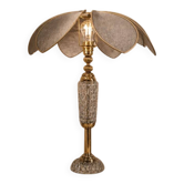 Lampe fleur de lotus en verre ancien et métal doré, pièce unique