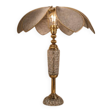 Lotus flower lamp in antique glass and gold metal, unique piece.