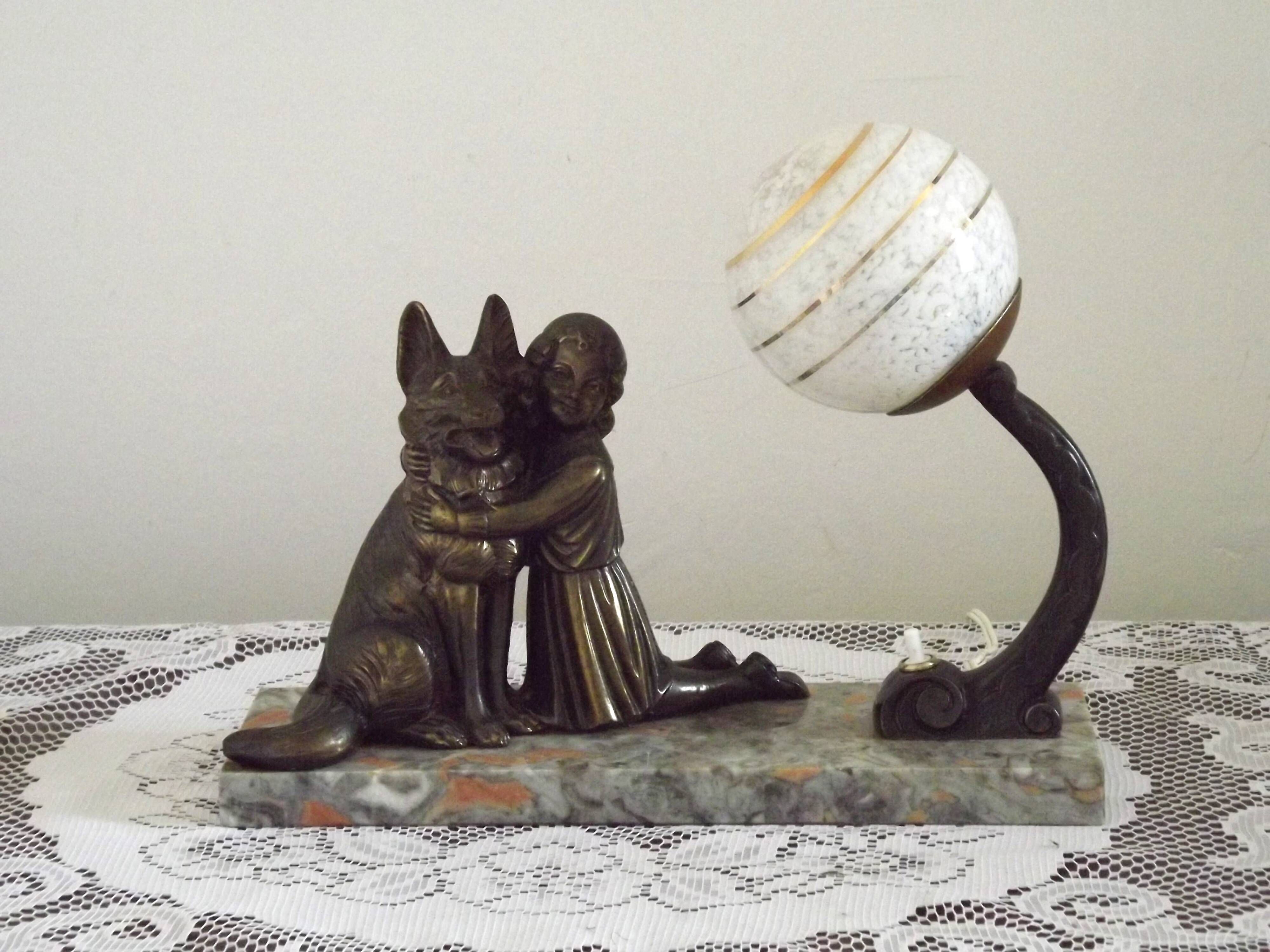 French Art Deco Table Lamp – Kneeling Girl with Dog & Clichy Glass Shade