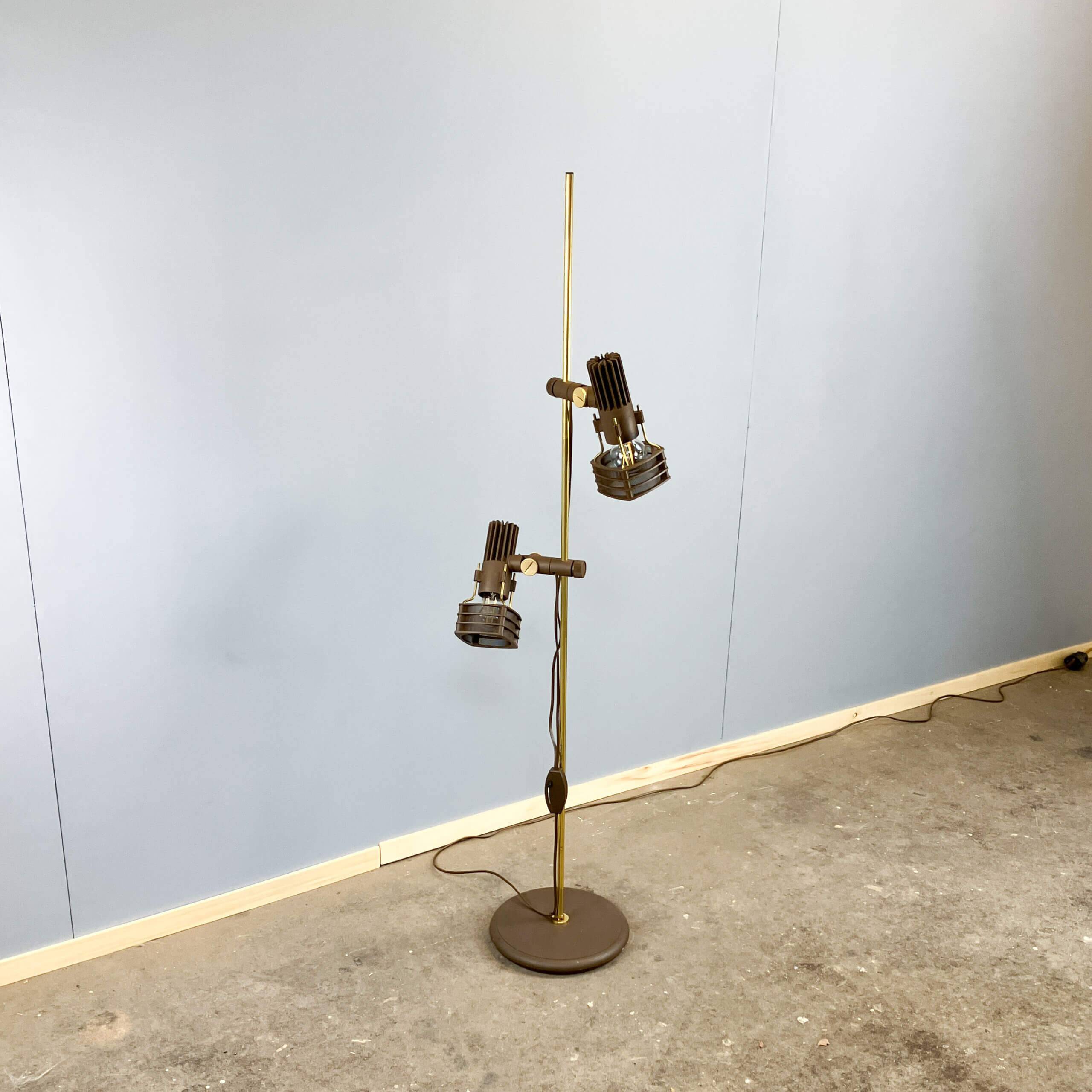 2-bulb floor lamp by Hustadt Leuchten, plastic spotlights on a brass pole, 1970s