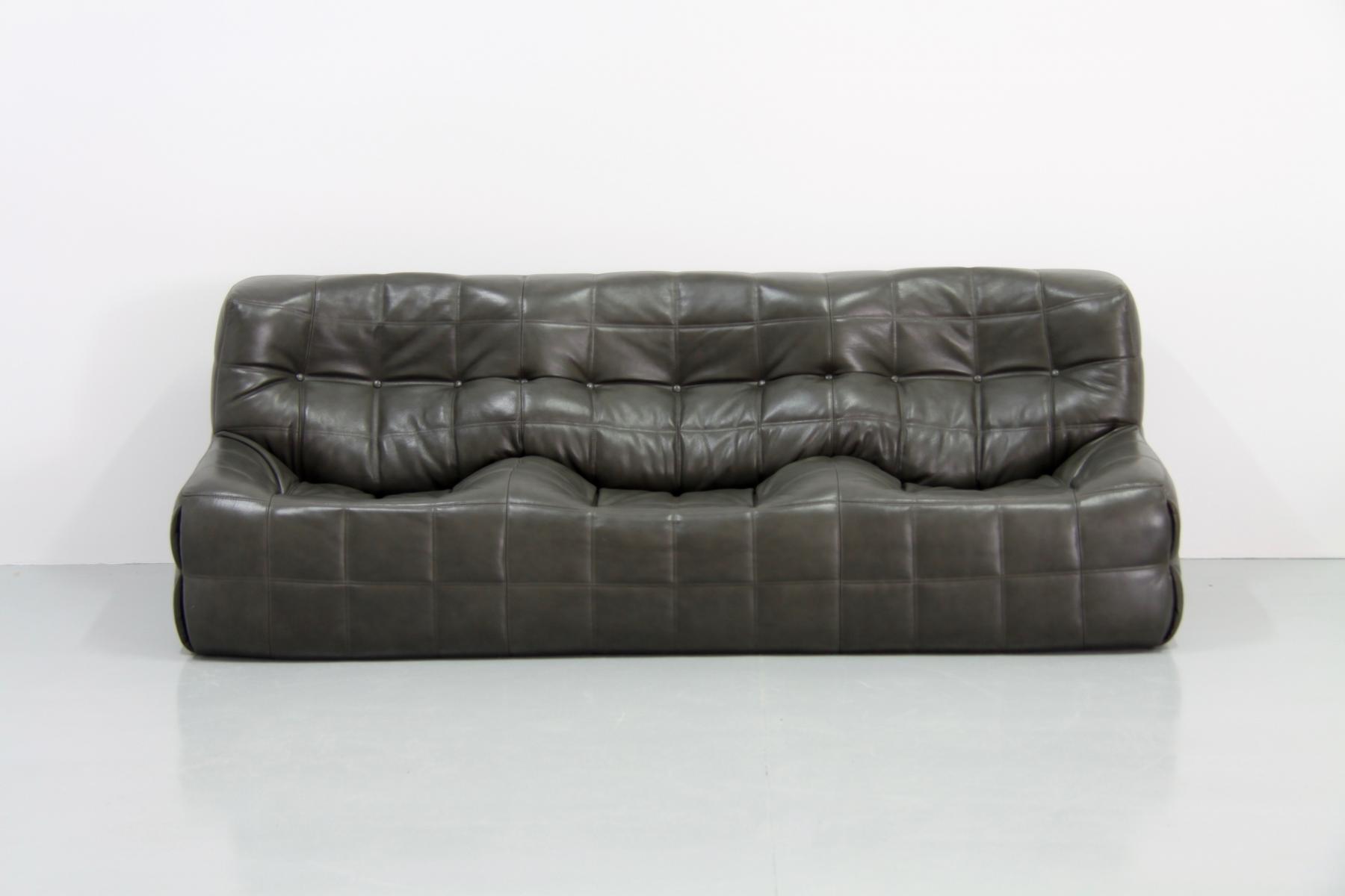 Living room sets vintage dark olive leather kashima by Michel Ducaroy for Ligne Roset