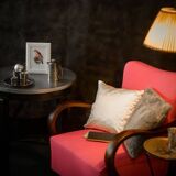 Pair of Art Deco pink armchairs in fabric and wood, 1920s, fully restored.