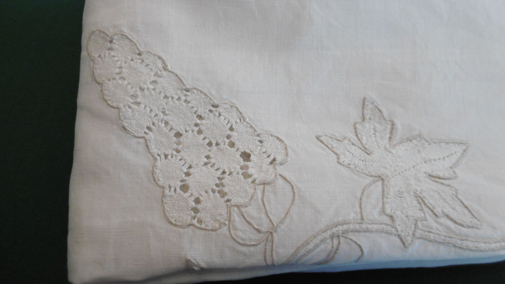 Hand-embroidered linen teacloth or overnappe