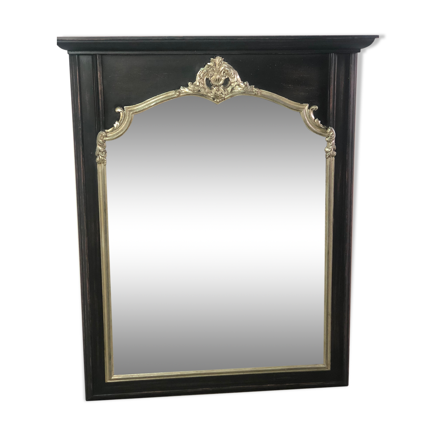 Trumeau mirror in black and silver patinated wood in Louis XV style