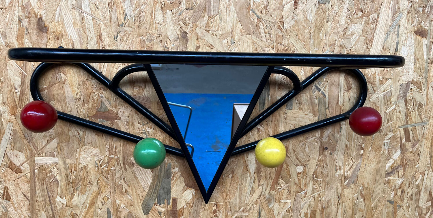 Black metal wood coat rack with vintage mirror