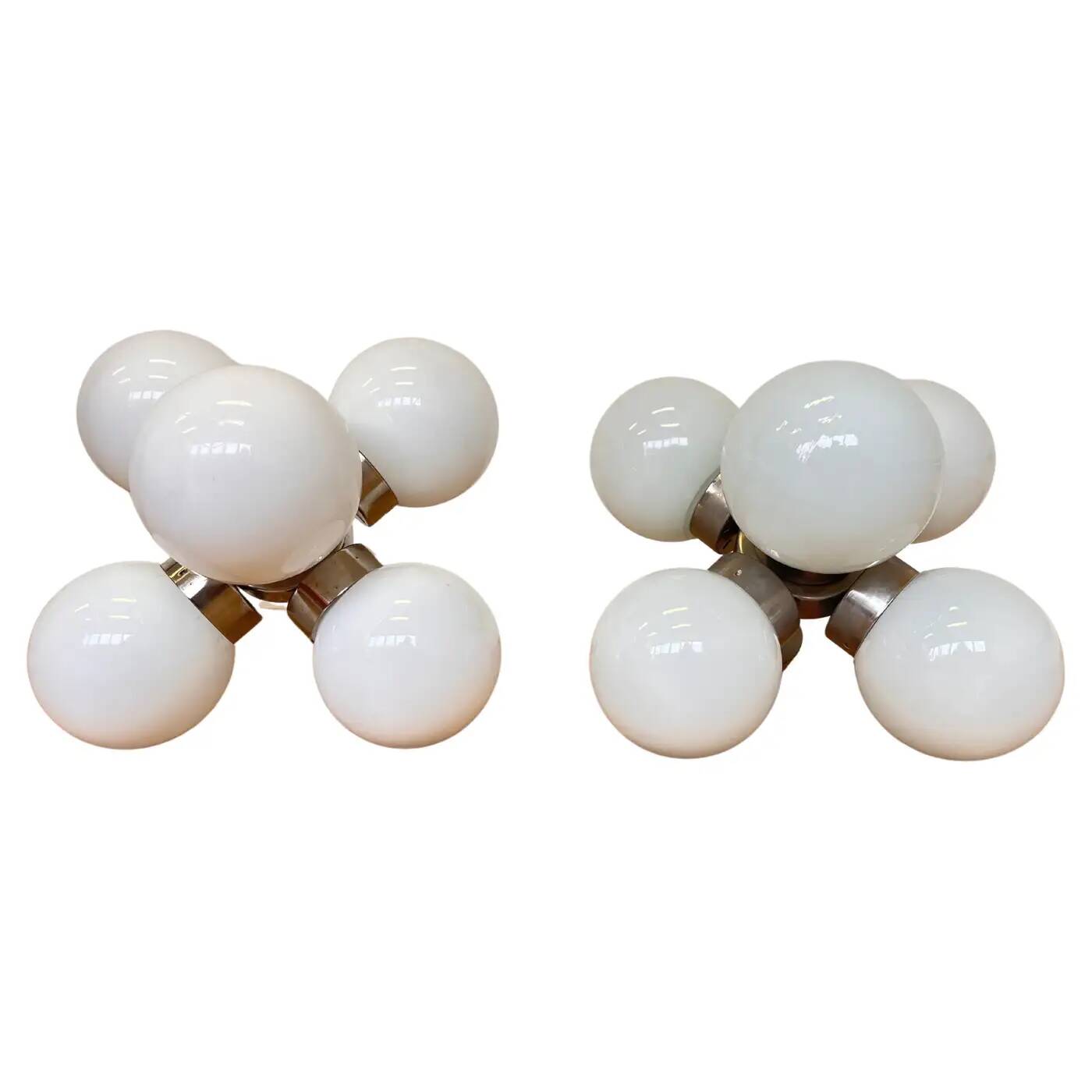 Pair of space age chrome & milk glass Sputniks - Czechoslovakia / 1970s