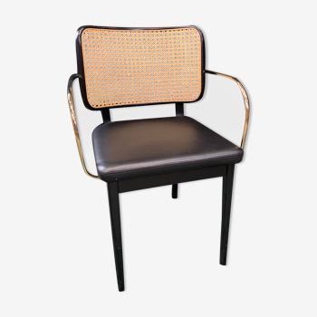 Chaise cannage bois noir cuir noir avec accoudoirs