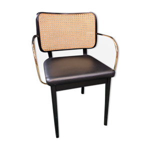 Chaise cannage bois noir cuir noir
