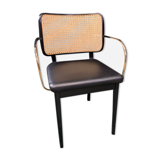 Cannage chair wood black leather black with armrests