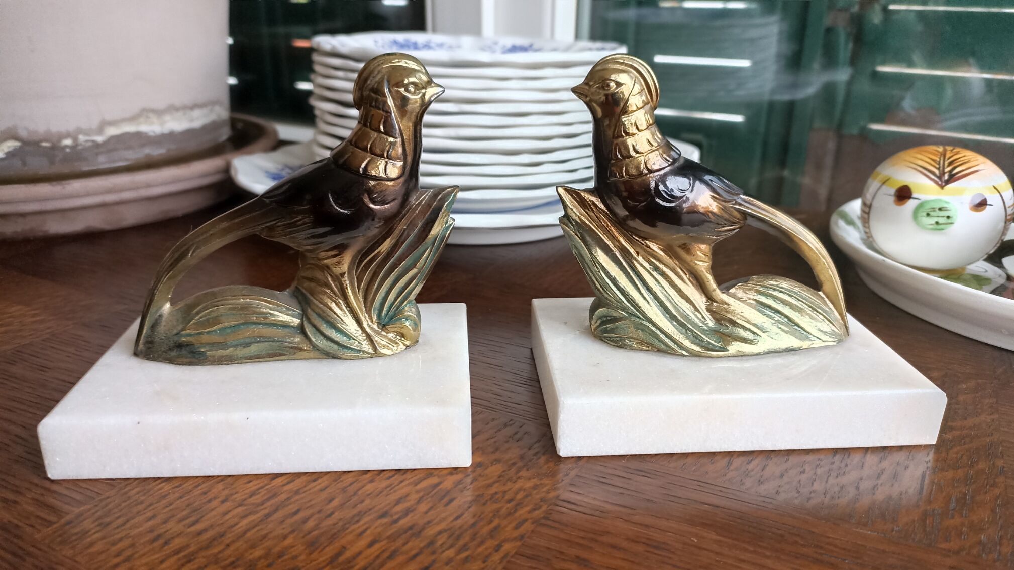 Marble and zinc art bookends - Pheasants