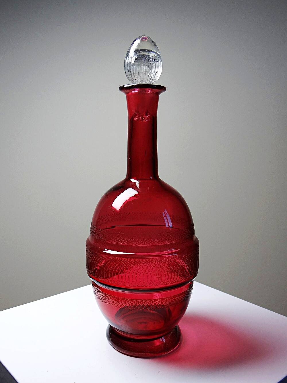 Small carafe, glass/crystal, antique ruby glass, engraved, 19th-20th century.